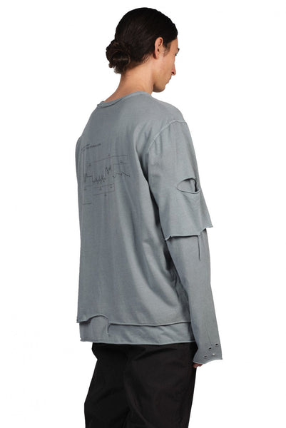 C2H4 Grey Distressed Double Layer Long-Sleeve T-Shirt | UJNG