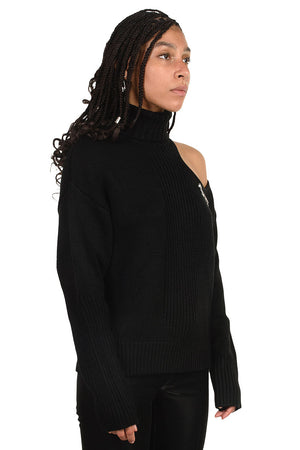 C2H4 Off-Shoulder Arc Knitted Distressed Sweater