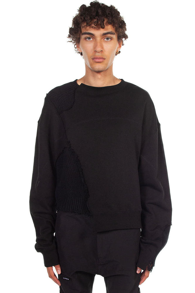 C2H4 Black Distressed Panelled Crewneck Sweatshirt