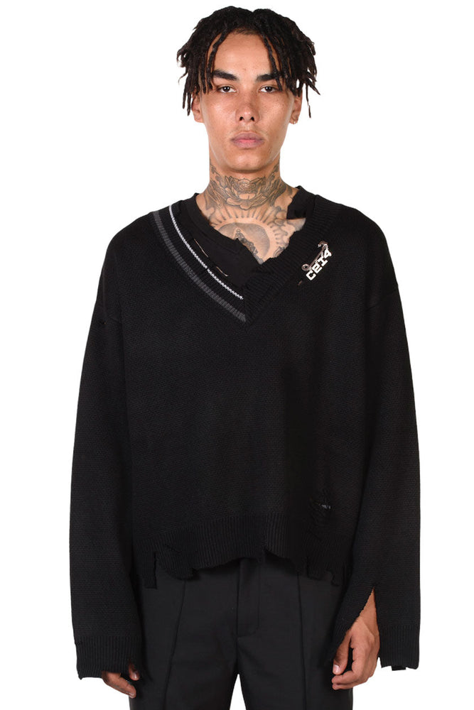 C2h4 Distressed Knit Layered Sweater Black