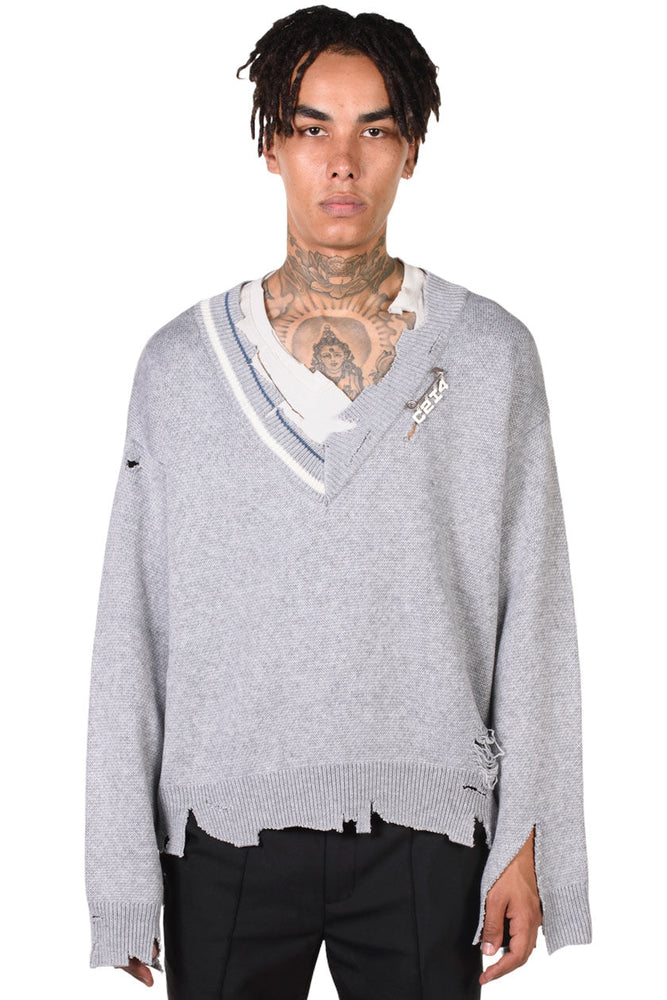 Distressed Knit Layered Sweater Grey
