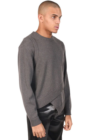 Heliot Emil Grey Panelled Knit Crewneck Sweater