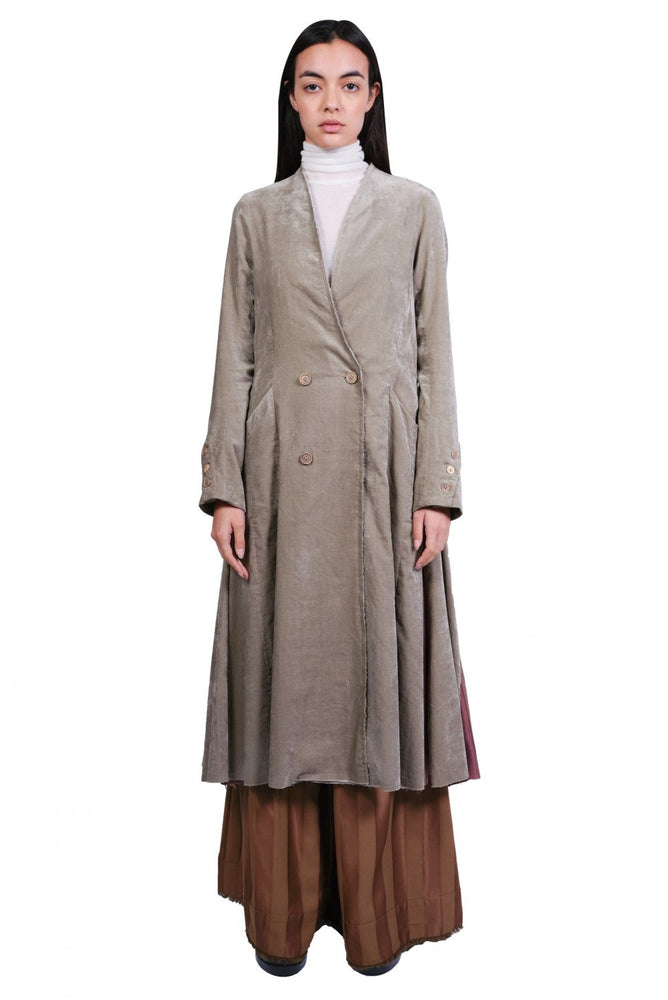 A Tentative Atelier Collarless Flared Patch Stripe Coat