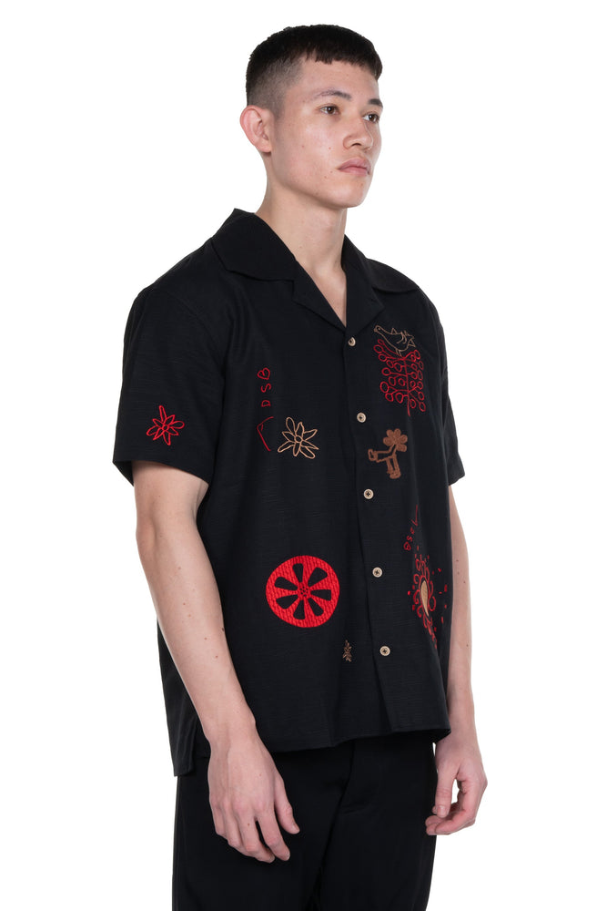 April Embroidery Open Collar Shirt Black