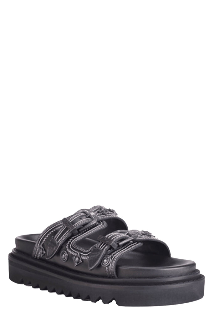 Toga Black Leather White Stitch Buckle Sandal