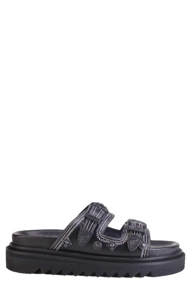 Black Leather White Stitch Buckle Sandal
