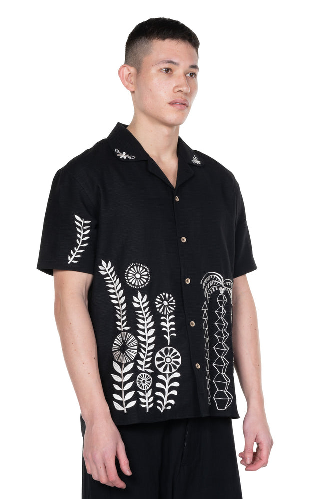 Black May Embroidery Open Collar Shirt
