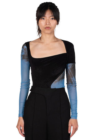 Oude Waag Blue Printed Mesh Velvet Panelled Bodysuit