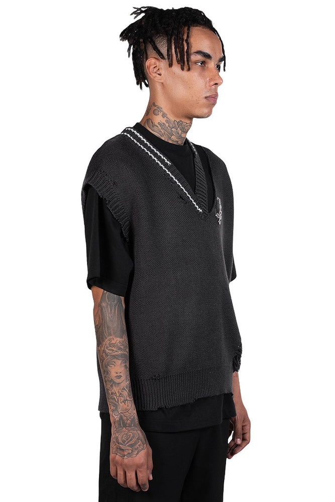 C2H4 Distressed V-Neck Knit Vest