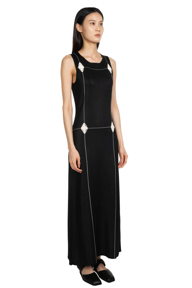 Check Crochet Embellished Vest Dress Black