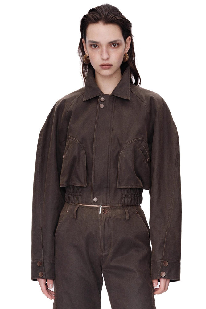 Coated Oversized Cropped Jacket Coffee