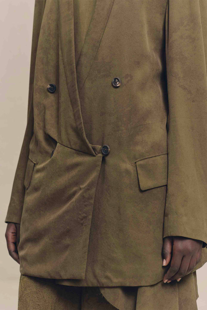 Ziggy Chen Double Breasted Silk Blazer Olive