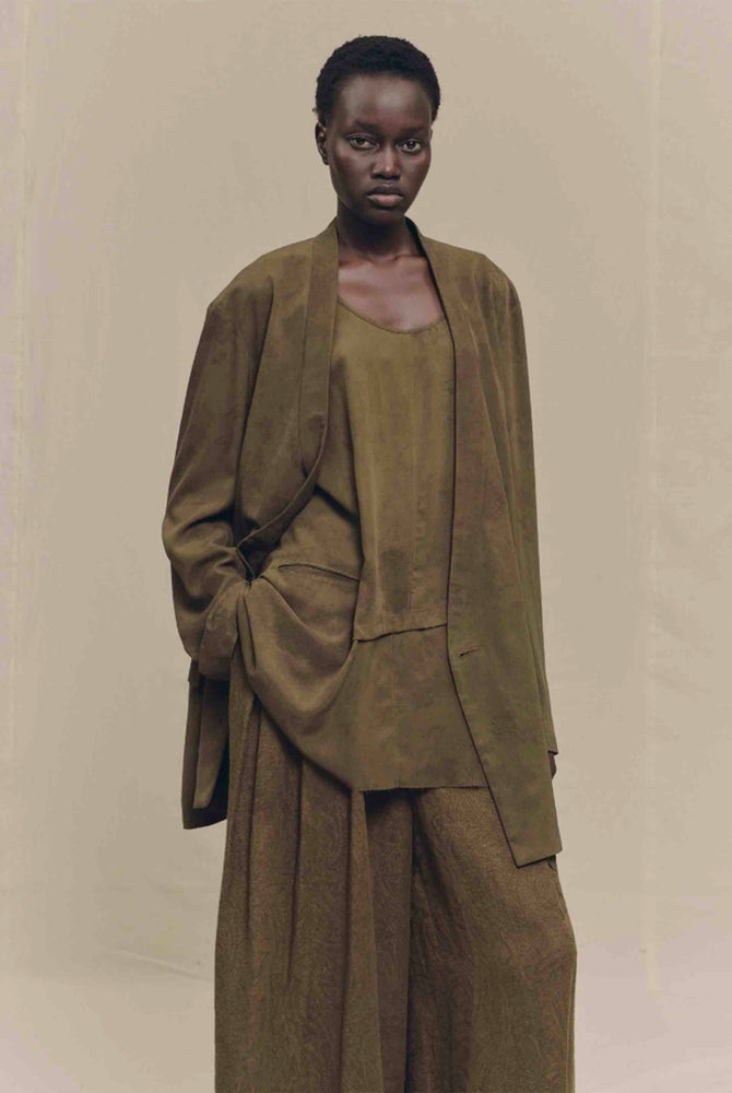 Double Breasted Silk Blazer Olive