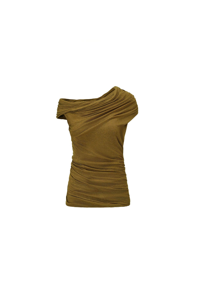 Draped One Shoulder Stretch Ribbed Top Olive Green