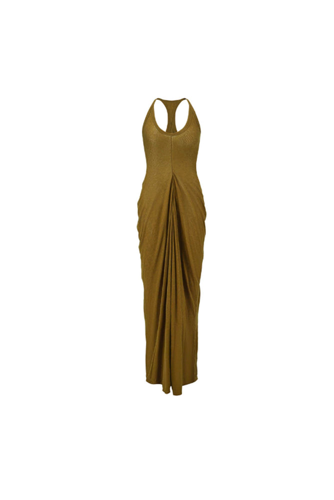 Draped Stretch Ribbed Tank Dress Olive Green