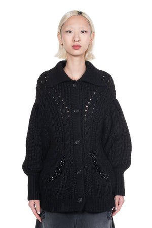 Embellished Sculpted Collared Chunky Knit Cardigan Black