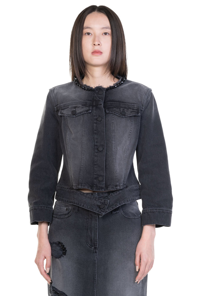 Embellished Fitted Waist Tail Denim Jacket Black