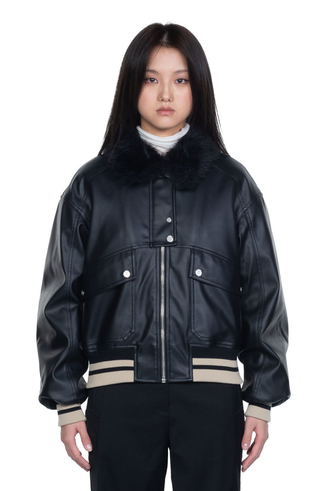 C2h4 Faux Leather Bomber Jacket