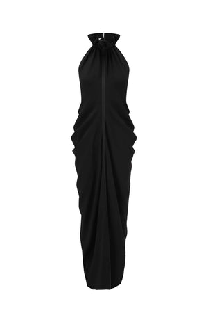 Gathered Collar Draped Dress Black