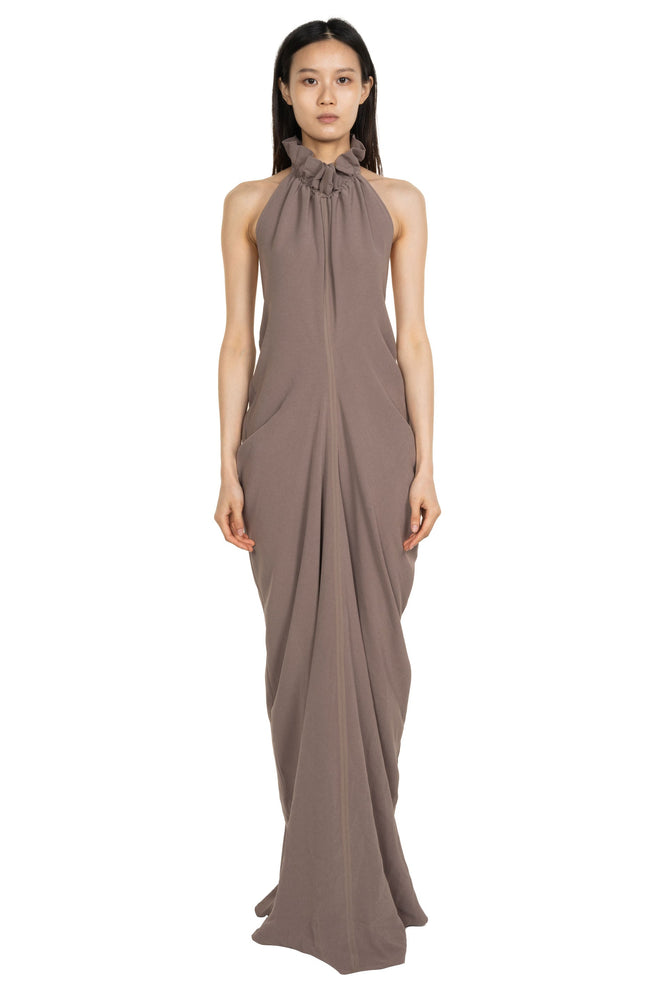 Gathered Collar Draped Dress Grey