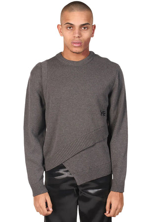 Heliot Emil Grey Panelled Knit Crewneck Sweater