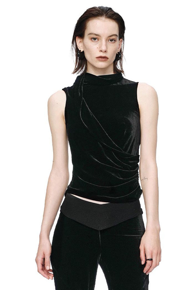 Halterneck Draped Velvet Tank Black