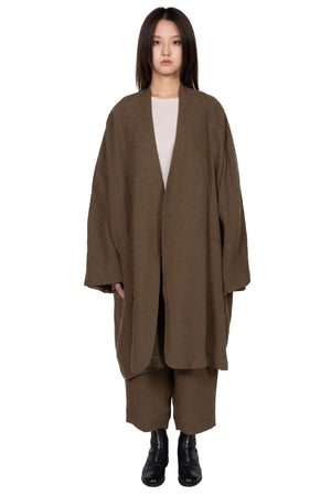 Kar Collarless Linen Long Coat Olive