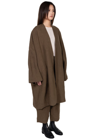 Kar Collarless Linen Long Coat Olive