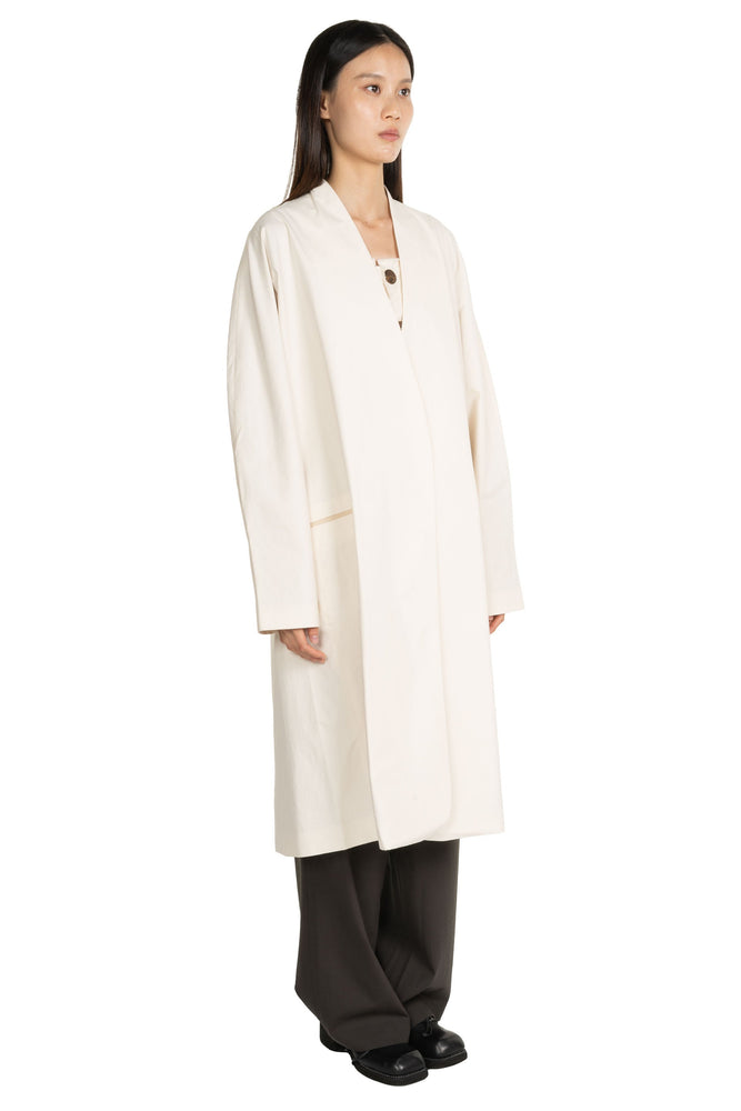 Long White Collarless Coat