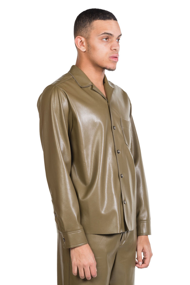 Nanushka Meno Vegan Leather Long-Sleeve Shirt Olive