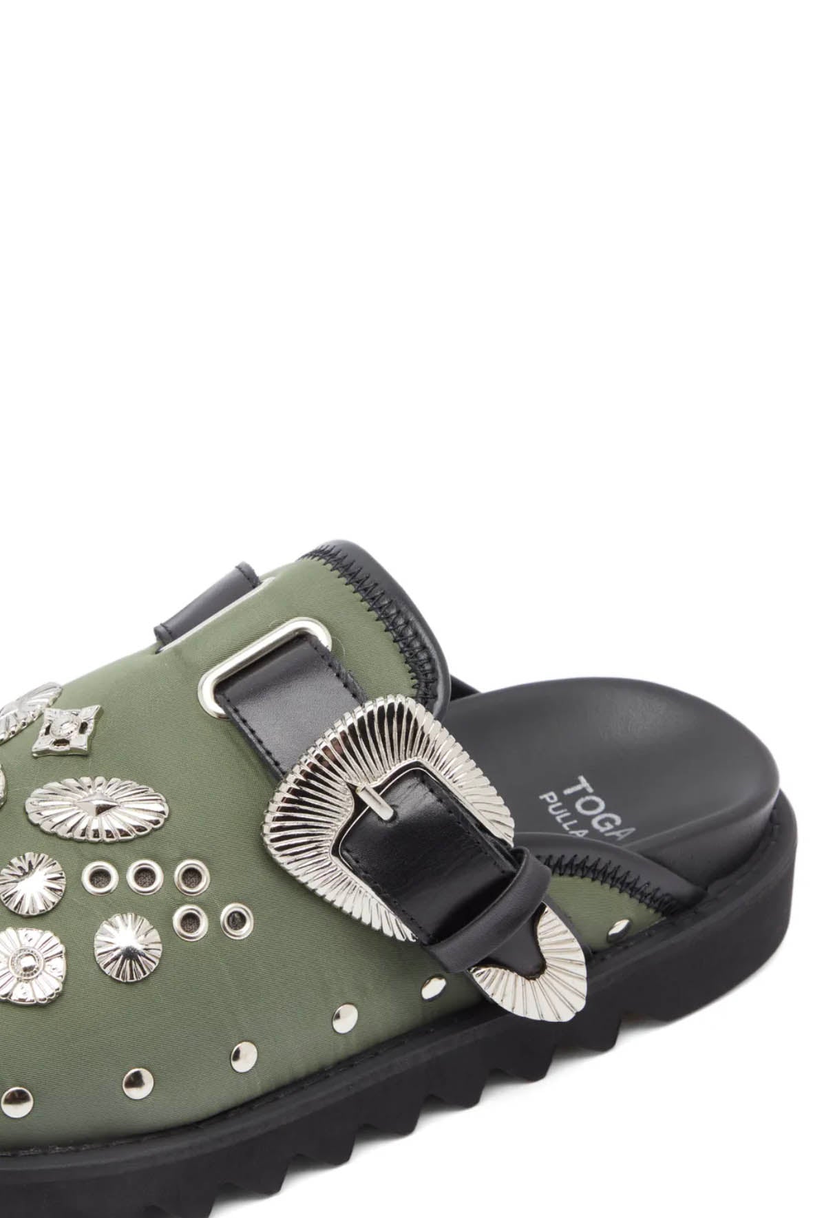 Toga Pulla Olive Eyelet Metal Sabot - Toga Sandals | UJNG