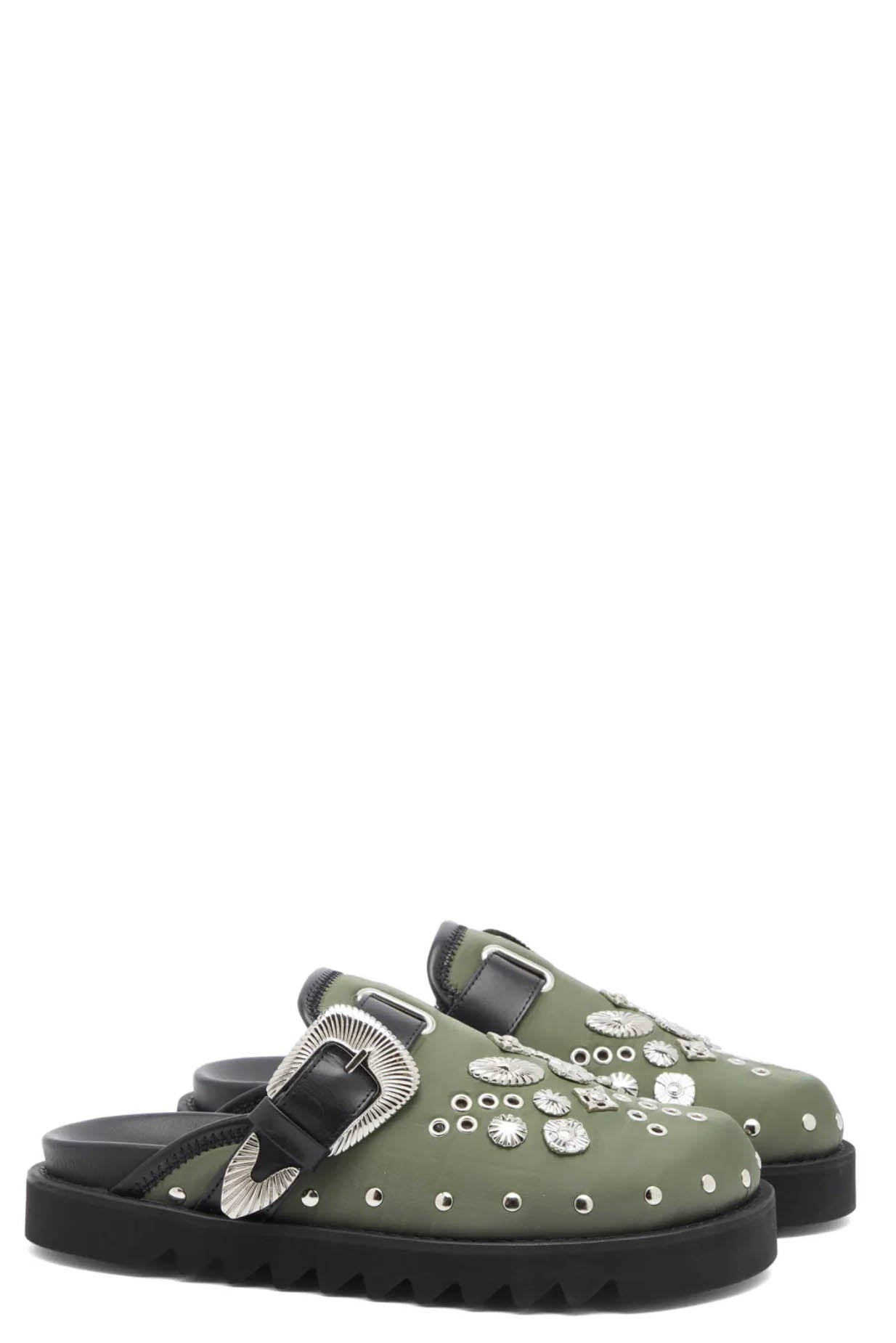 Toga Virilis Olive Nylon Eyelet Metal Sabot - Toga Sandals | UJNG