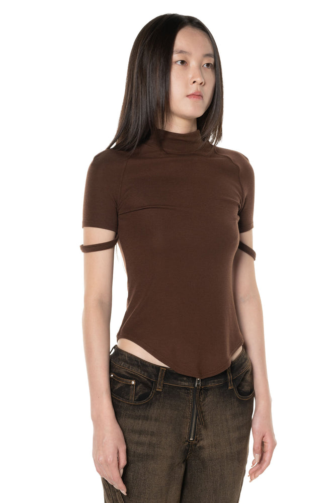 Ribbed Jersey Mock Neck T-Shirt Reddish Brown