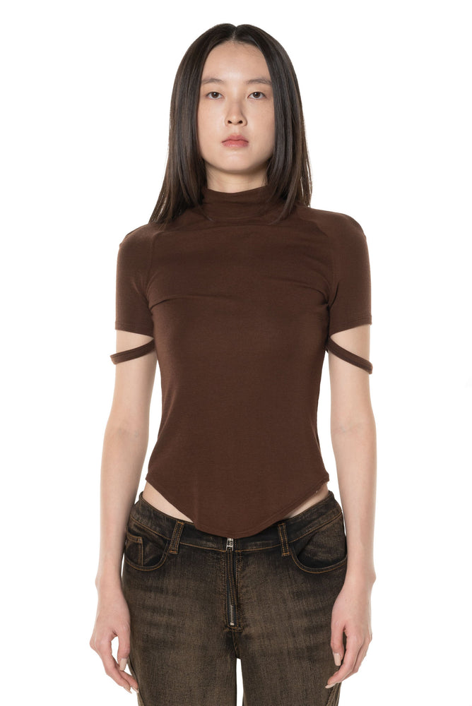 Ribbed Jersey Mock Neck T-Shirt Reddish Brown