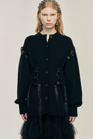 Sculpted Ribbon Corset Detail Cardigan Black