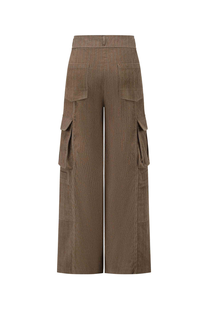 Washed Corduroy Wide-Leg Cargo Pants Grey Brown