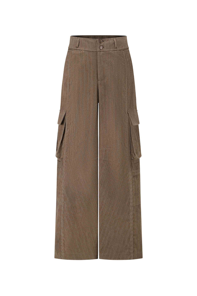 Washed Corduroy Wide-Leg Cargo Pants Grey Brown