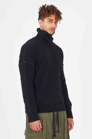 Yak Turtleneck Sweater Contrast Stitching Black