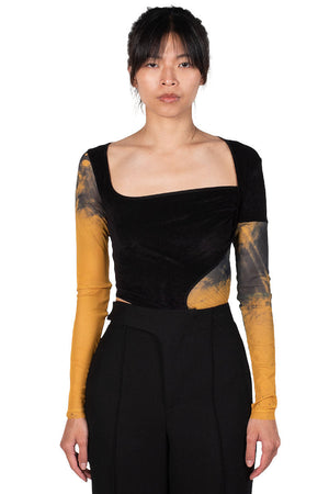 Oude Waag Yellow Printed Mesh Velvet Panelled Bodysuit