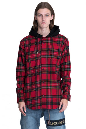 front Mastermind World Red Hooded Check Flannel Shirt 