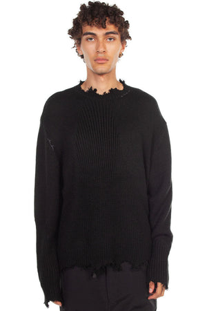 C2H4 Black Distressed Panelled Crewneck Sweatshirt