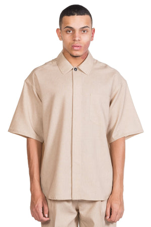 Lownn Beige Printed Wool Short Sleeve Shirt