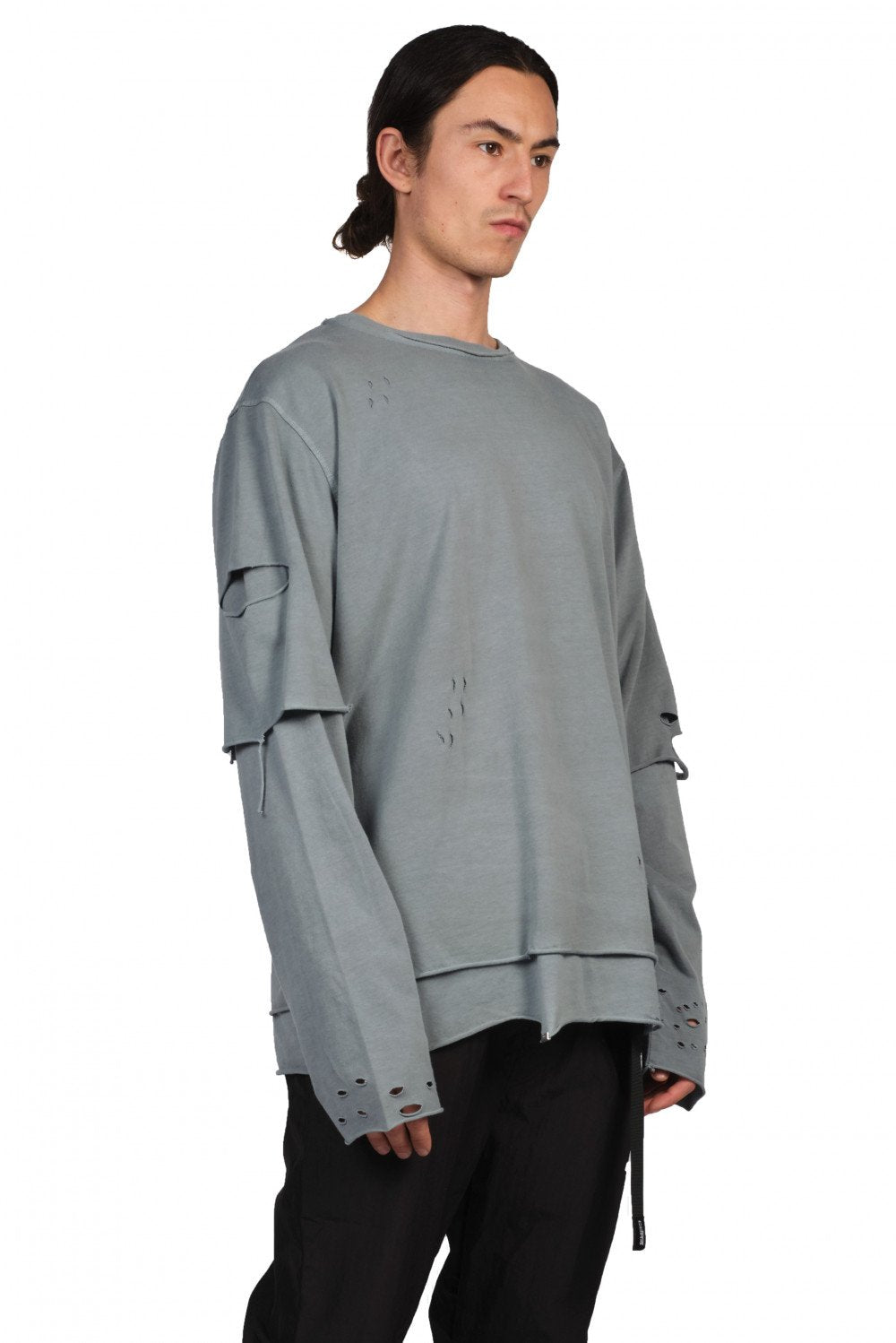 C2H4 Grey Distressed Double Layer Long-Sleeve T-Shirt