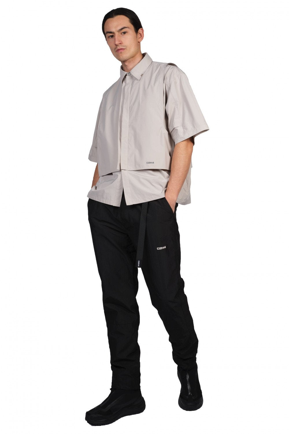 C2H4 Grey Intervein Layered Short-Sleeve Shirt for Men | UJNG