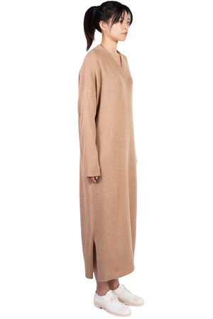 Monica Cordera Camel Baby Alpaca V Neck Dress
