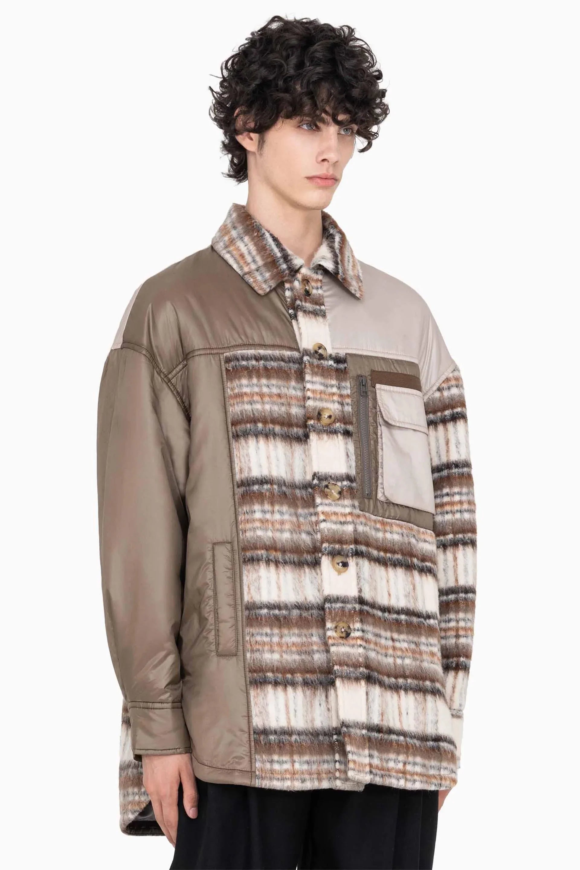 Feng Chen Wang Panelled Flannel Shirt Jacket Khaki | UJNG