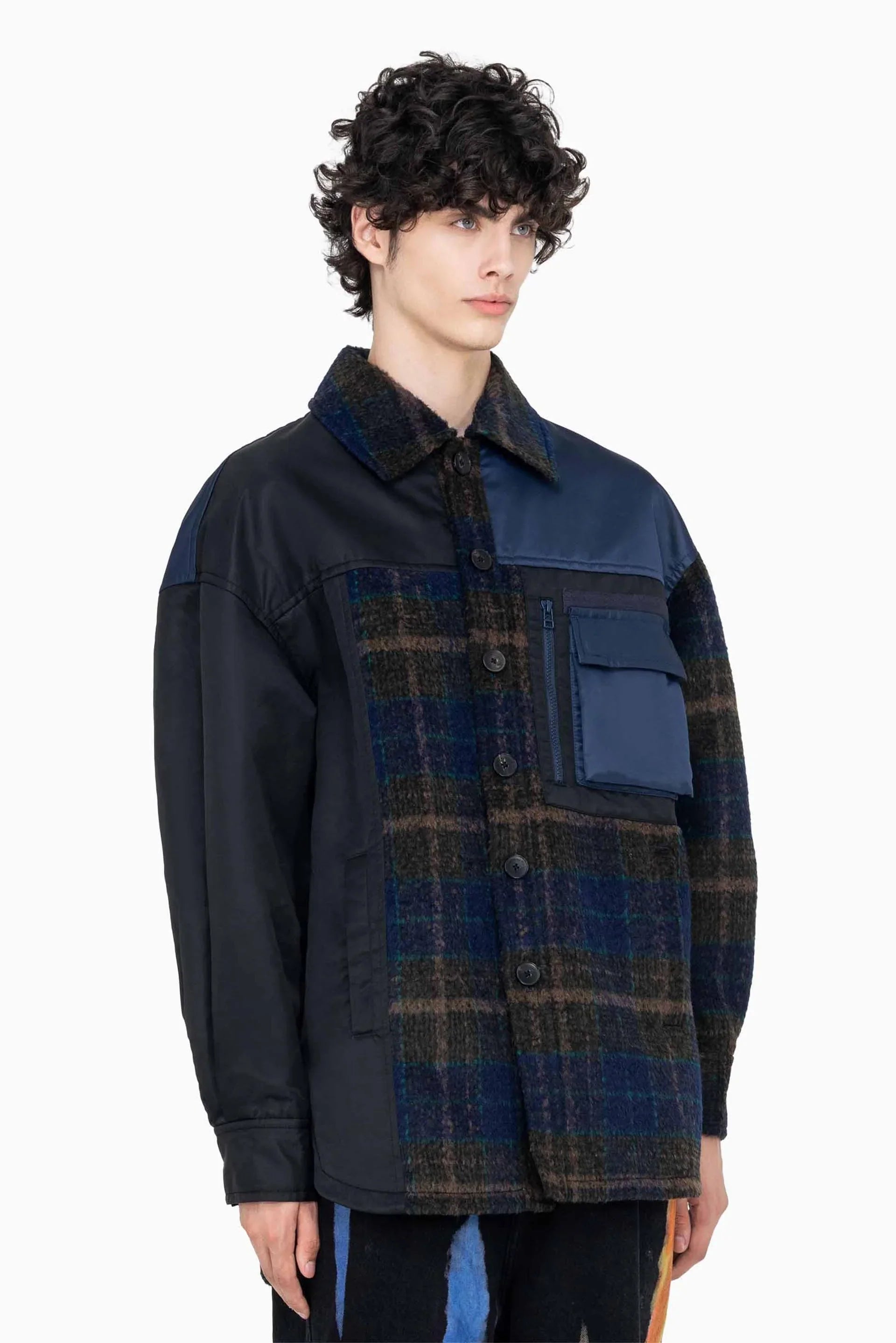 Feng Chen Wang Panelled Flannel Shirt Jacket Navy | UJNG