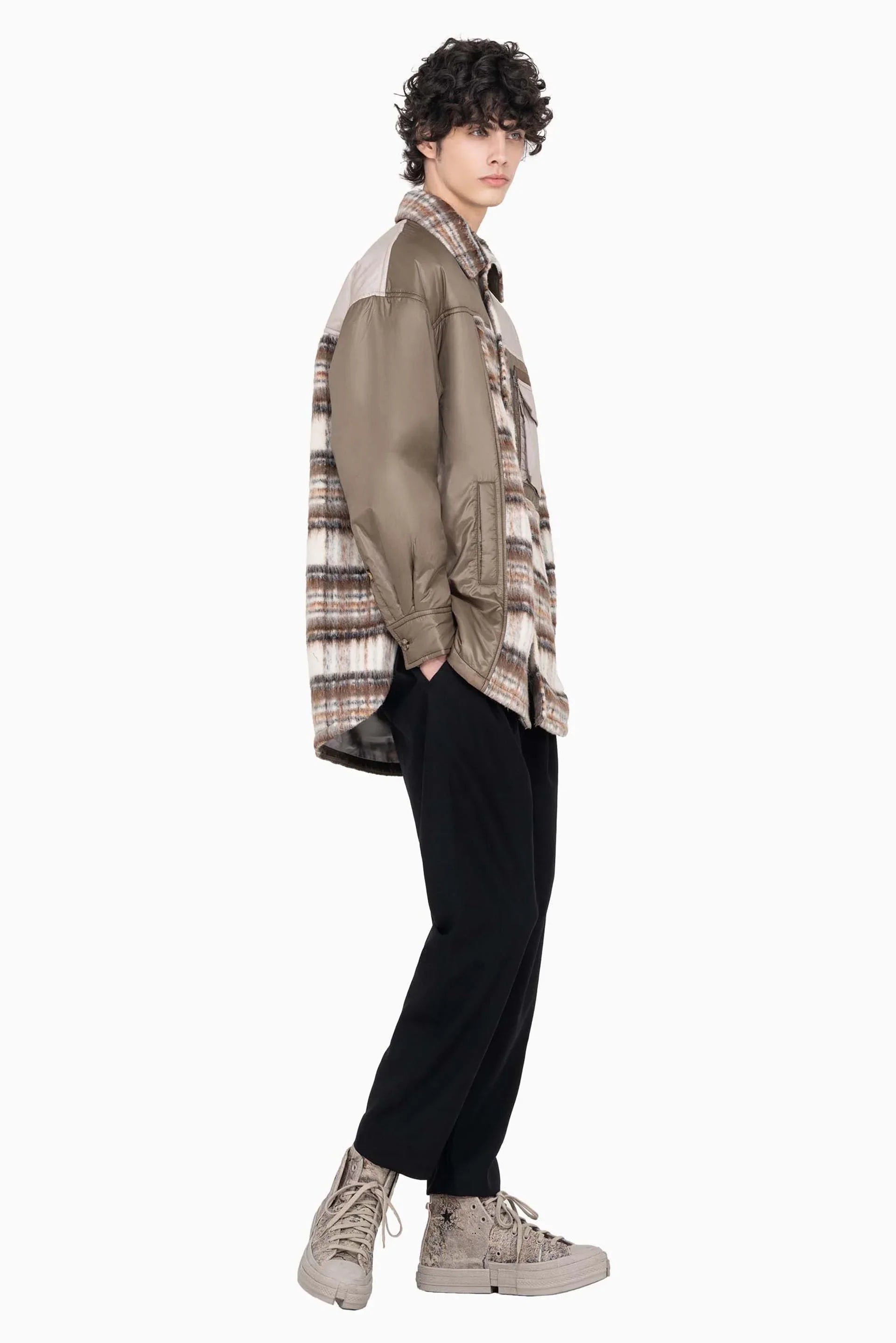 Feng Chen Wang Panelled Flannel Shirt Jacket Khaki | UJNG