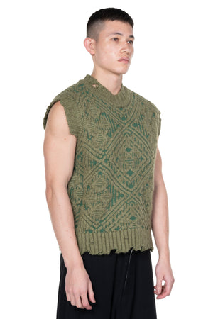 Knitted Jacquard Crew-neck Vest Khaki