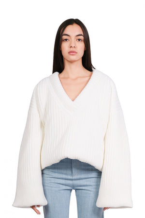 MM6 Maison Margiela White Padded V-Neck Sweater